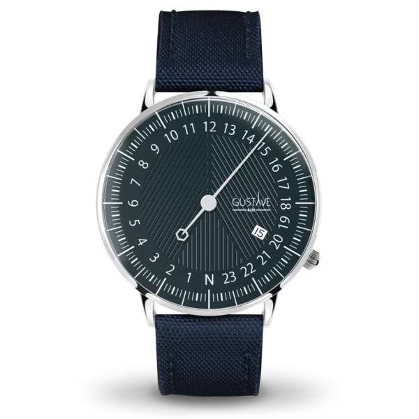 André 24H 40mm 银色和绿色腕表，搭配蓝色帆布表带