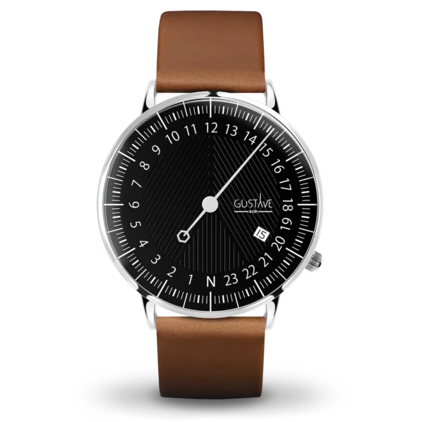 André 24H 40mm 银色和黑色腕表，搭配棕色皮革表带