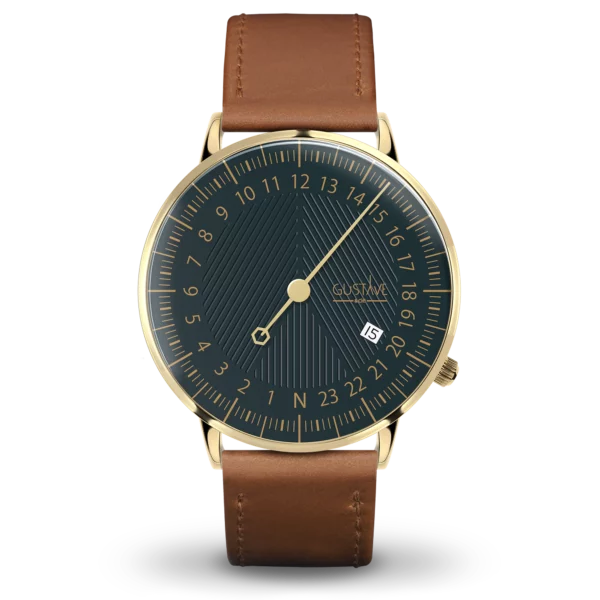 André 24H 40 毫米金色和绿色手表，棕色皮革表带，带缝线