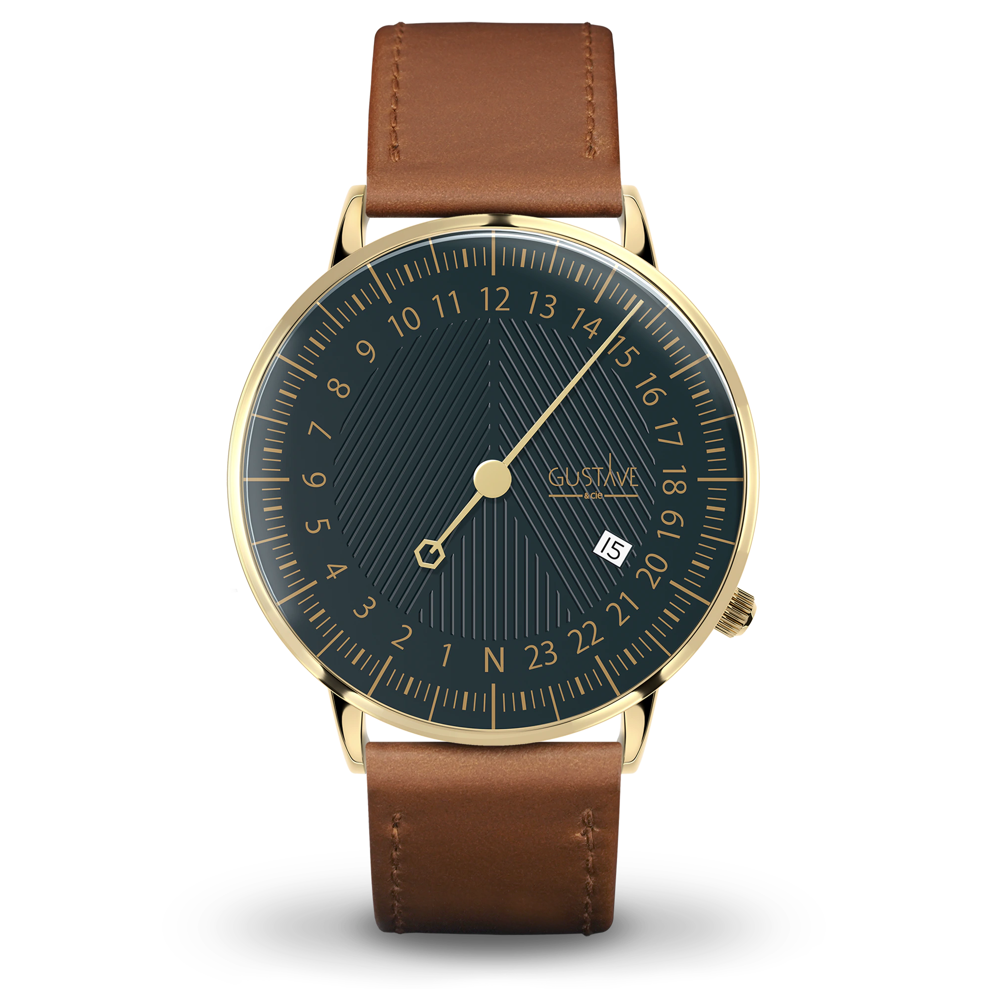 André 24H 40 毫米金色和绿色手表，棕色皮革表带，带缝线