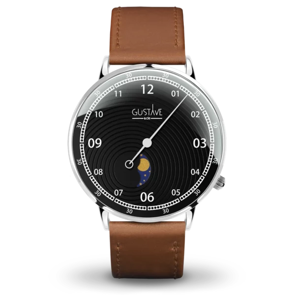 Georges 12H 40 毫米银色和黑色手表，棕色皮革表带，带缝线