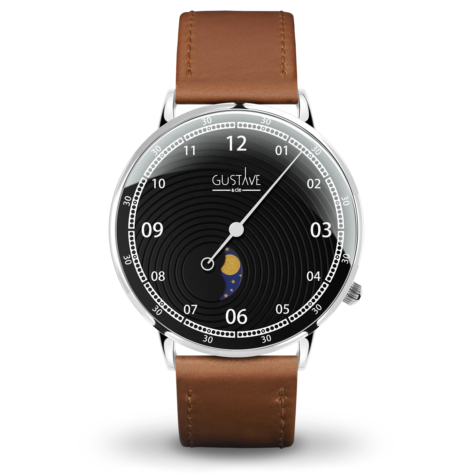 Georges 12H 40mm silver and black watch, brown leather strap with stitching