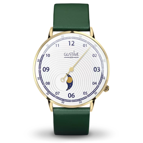 Georges 12H 40mm gold and white watch with green leather strap