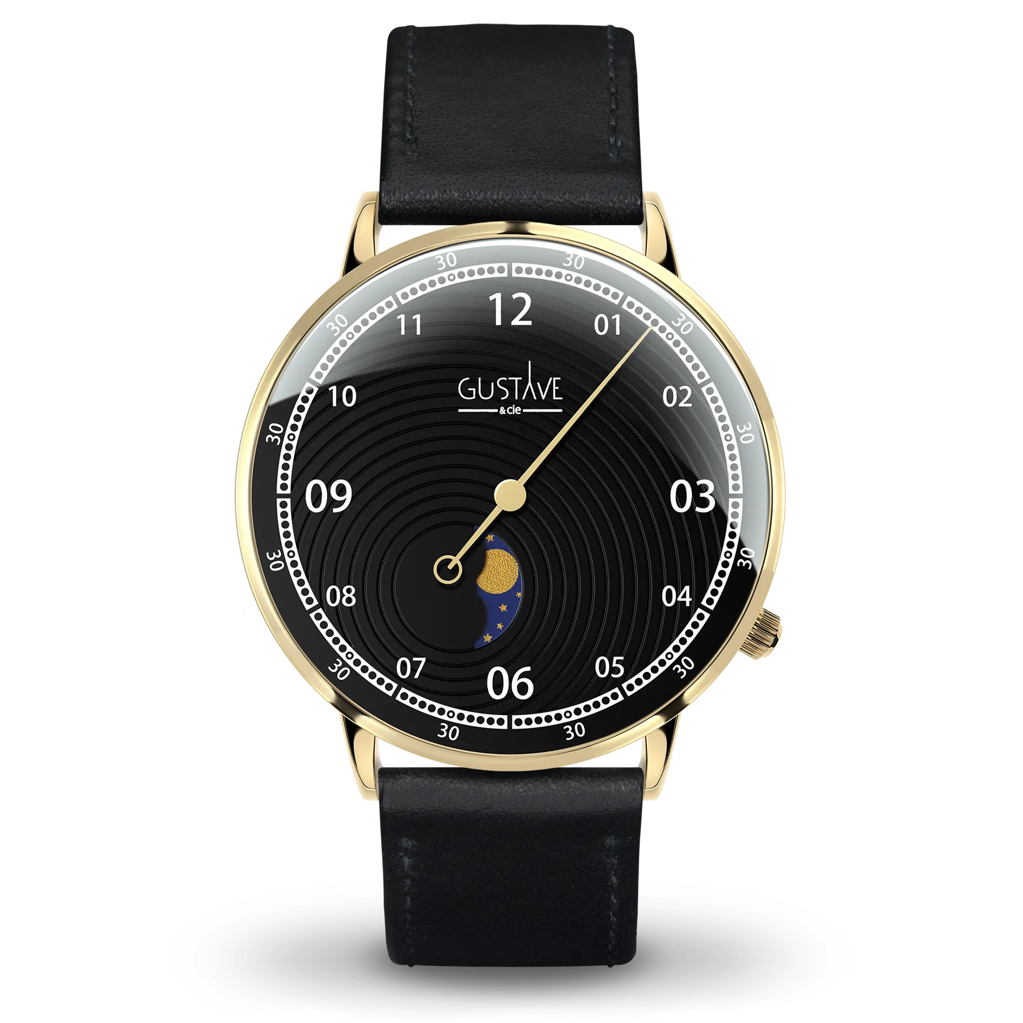 Georges 12H 40mm gold and black watch black leather strap with stitching